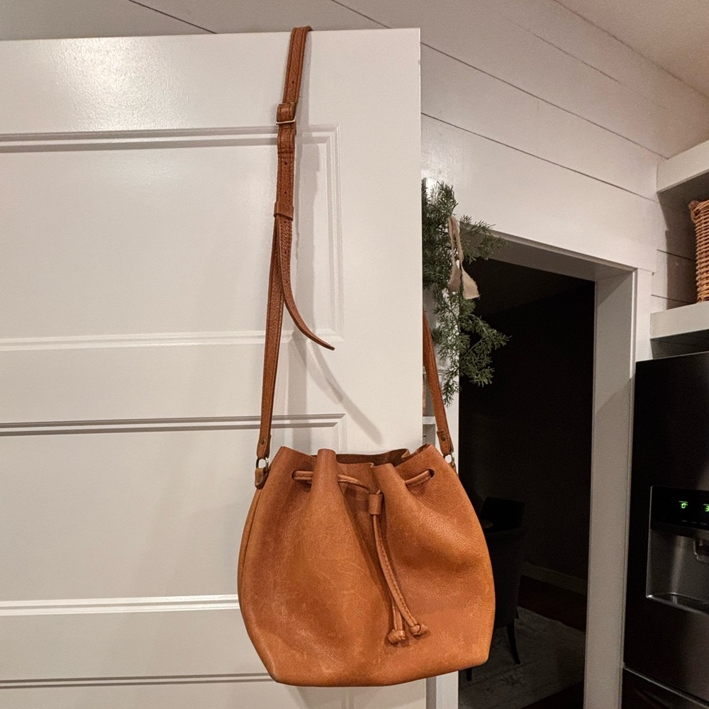 Tan Leather Drawstring Bucket Bag